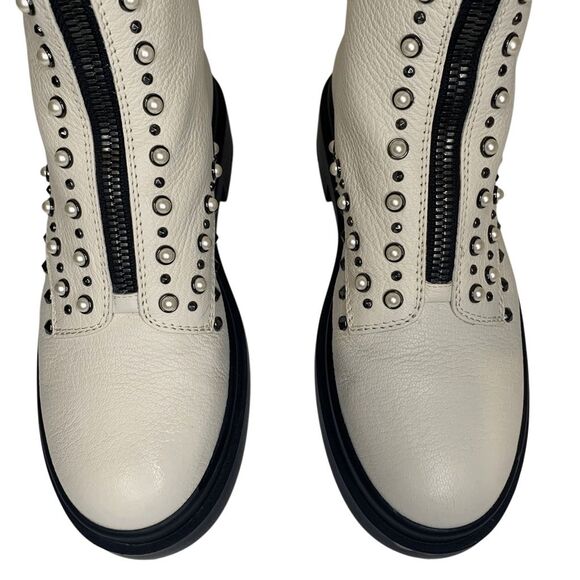 Jimmy Choo Nola Flat Boots Off White EU 37.5 Faux Pearl Studded Lug Sole Zip Up